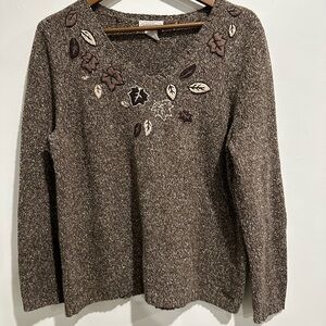 NORTHERN REFLCTIONS Embroidered Fall Knit Cotton Blend VNeck Sweater Size XL